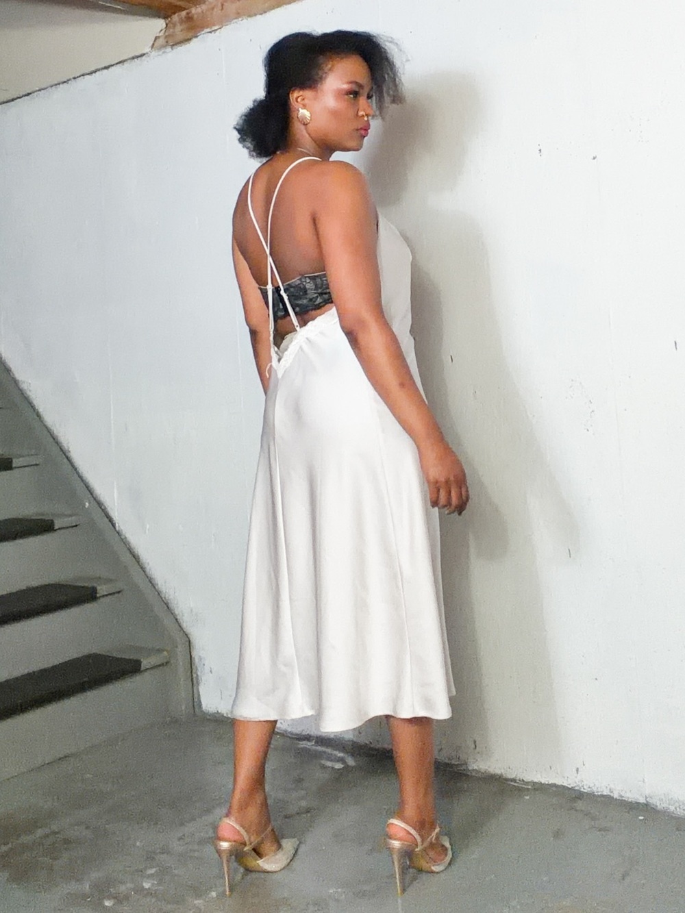 H&M Cream Satin Slip Dress with Cowl Neck, L